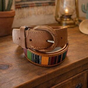Ethnic handcrafted Guatemalan serape textured leather unisex western belt Sz LG